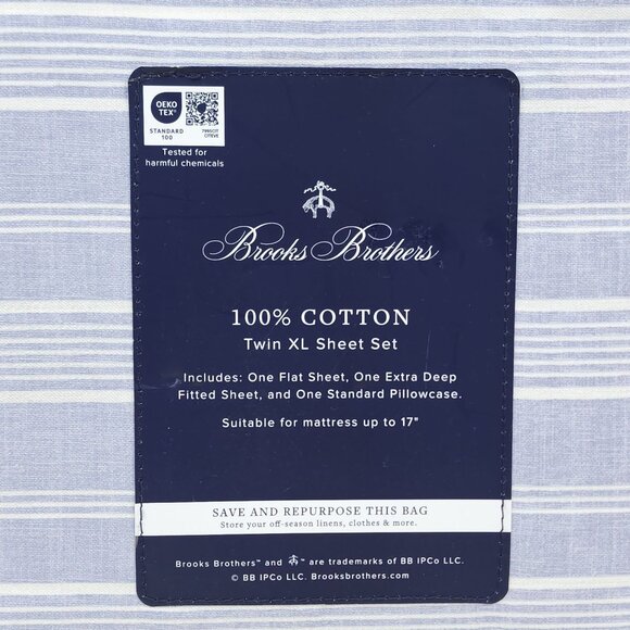Brooks Brothers Twin XL Sheet Set 100% Cotton Indigo Striped 17" Deep Mattress - Picture 3 of 7